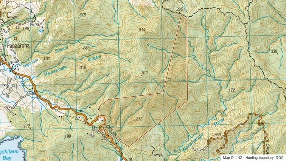 Topographic map of Conservation Area - Goldsmith Block in Waikato, New Zealand, with the DOC hunting boundary outlined.