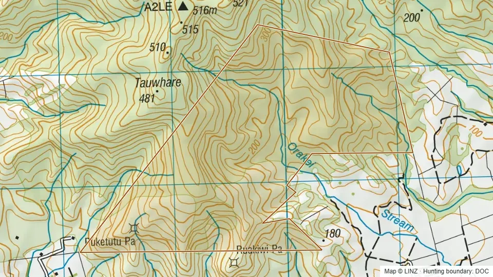 Topographic map of Conservation Area - Hapuakohe in Waikato, New Zealand, with the DOC hunting boundary outlined.
