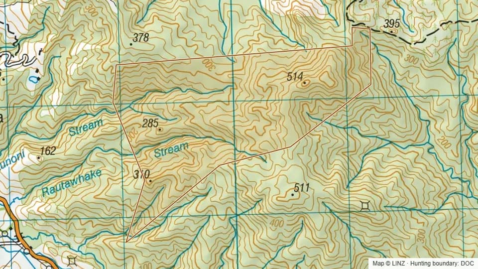 Topographic map of Conservation Area - Haunoni Headwater in Waikato, New Zealand, with the DOC hunting boundary outlined.
