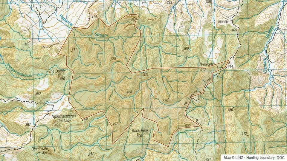 Topographic map of Conservation Area - Hauturu east in Waikato, New Zealand, with the DOC hunting boundary outlined.