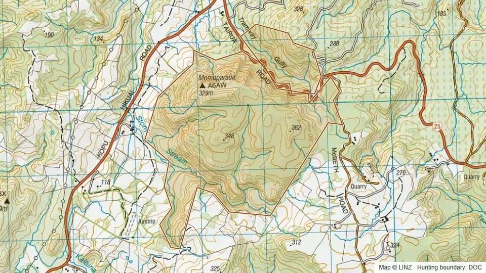 Topographic map of Conservation Area - Hikuai in Waikato, New Zealand, with the DOC hunting boundary outlined.