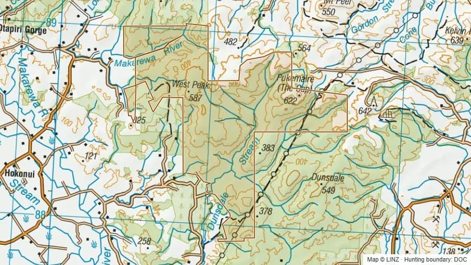 Topographic map of Conservation Area - Hokonui Forest in Southland, New Zealand, with the DOC hunting boundary outlined.