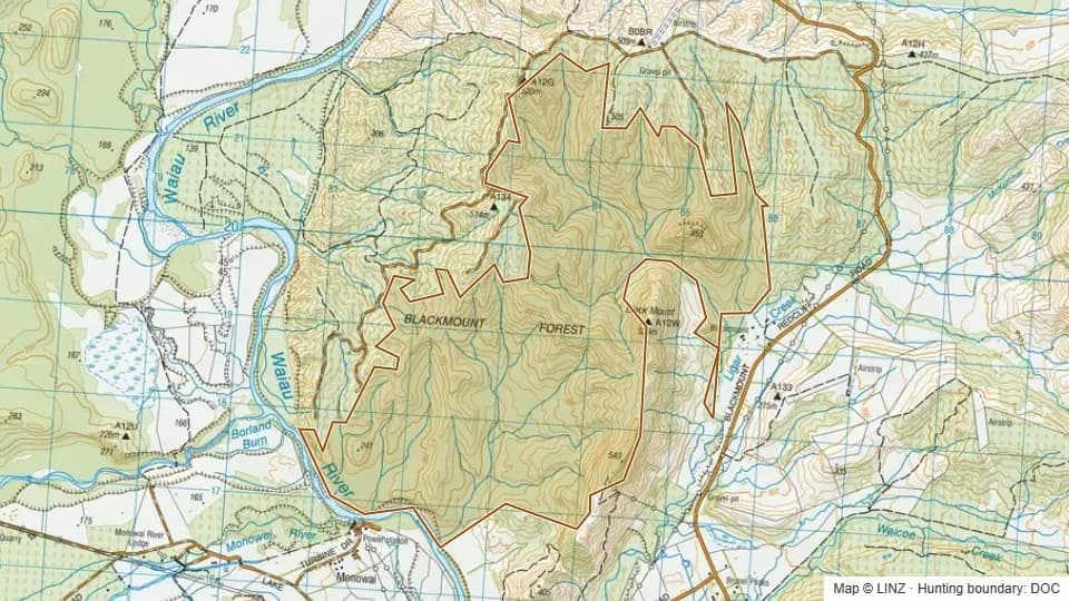 Topographic map of Conservation Area - Jericho Forest in Southland, New Zealand, with the DOC hunting boundary outlined.
