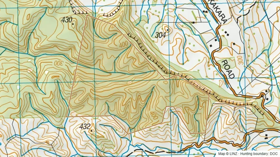 Topographic map of Conservation Area - Kakara in Waikato, New Zealand, with the DOC hunting boundary outlined.