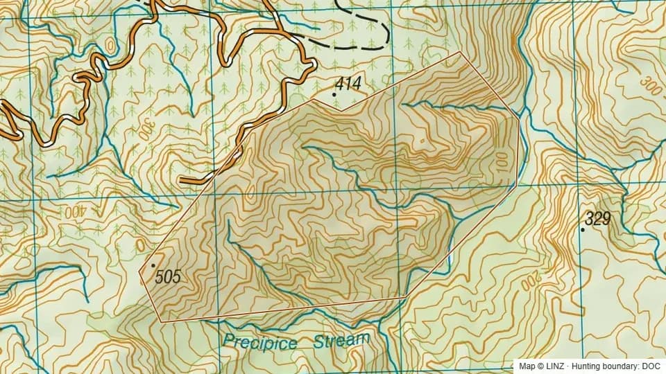 Topographic map of Conservation Area - Kapowai River in Waikato, New Zealand, with the DOC hunting boundary outlined.