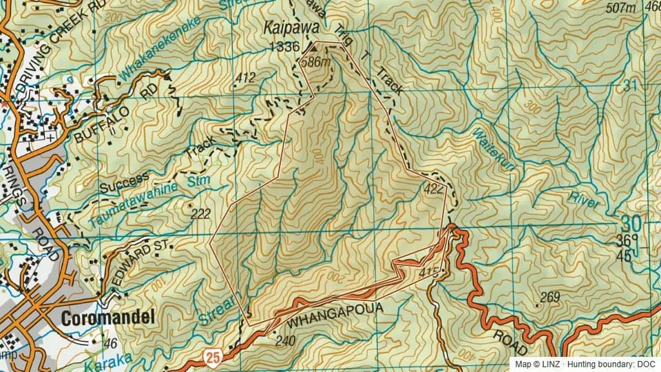 Topographic map of Conservation Area - Karaka Stream in Waikato, New Zealand, with the DOC hunting boundary outlined.