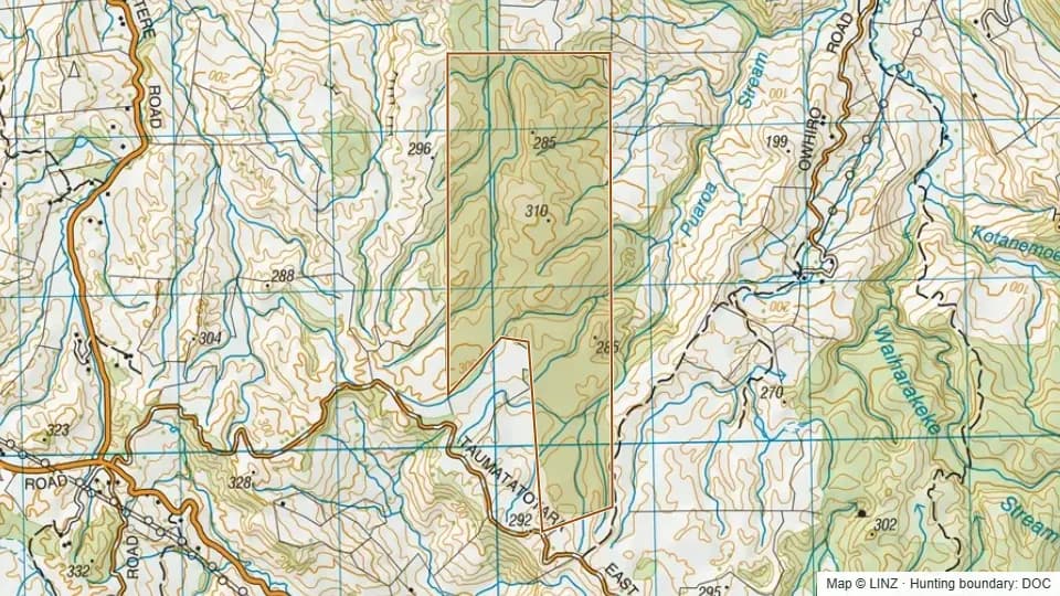 Topographic map of Conservation Area - Kinohaku in Waikato, New Zealand, with the DOC hunting boundary outlined.