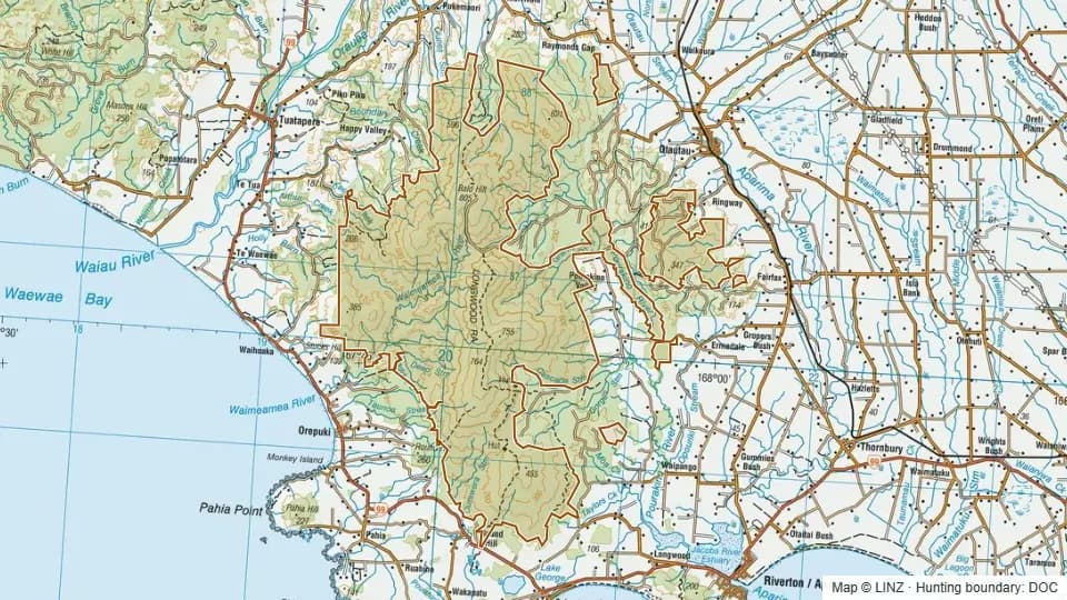 Topographic map of Conservation Area - Longwood Forest in Southland, New Zealand, with the DOC hunting boundary outlined.