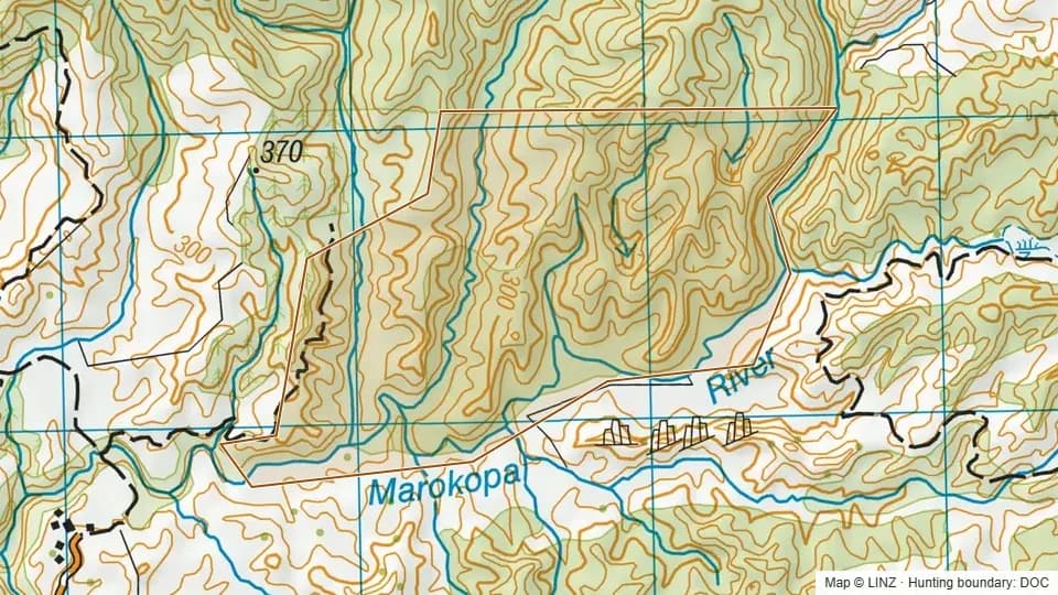 Topographic map of Conservation Area - Mahoe in Waikato, New Zealand, with the DOC hunting boundary outlined.