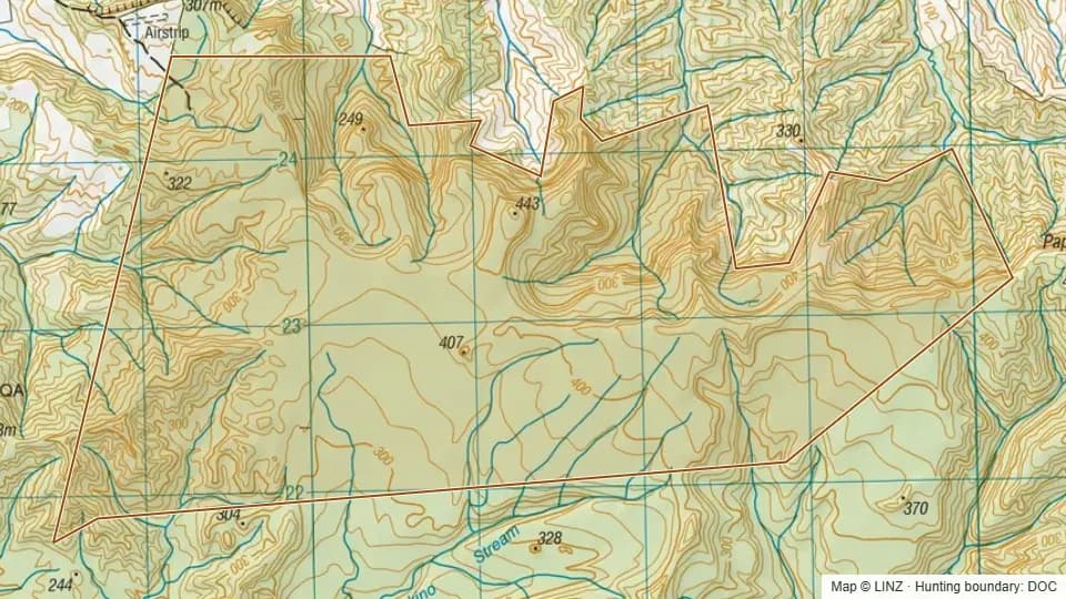 Topographic map of Conservation Area - Mahoenui in Waikato, New Zealand, with the DOC hunting boundary outlined.