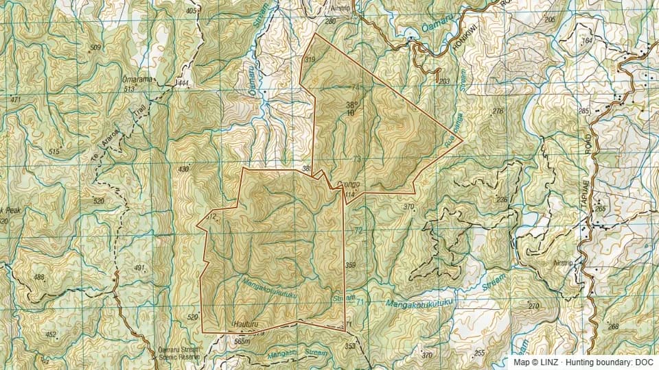 Topographic map of Conservation Area - Mangakotukutuku in Waikato, New Zealand, with the DOC hunting boundary outlined.