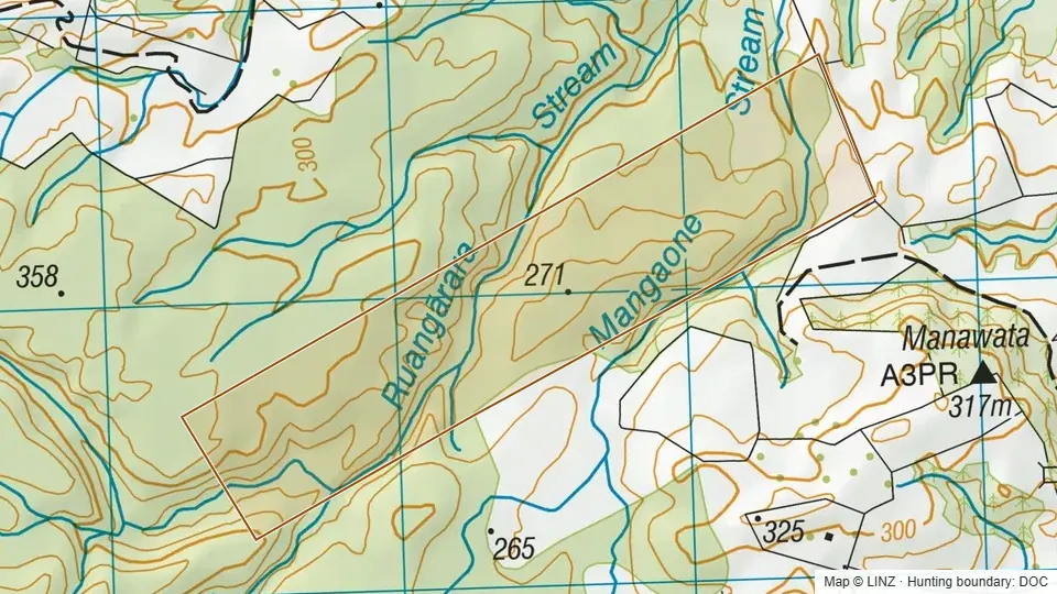 Topographic map of Conservation Area - Mangaone Stream in Bay of Plenty, New Zealand, with the DOC hunting boundary outlined.