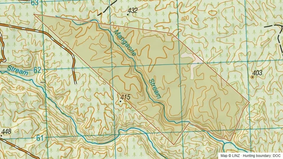 Topographic map of Conservation Area - Mangaone in Bay of Plenty, New Zealand, with the DOC hunting boundary outlined.
