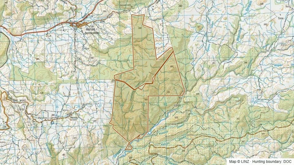 Topographic map of Conservation Area - Mangapehi in Manawatu-Wanganui, New Zealand, with the DOC hunting boundary outlined.