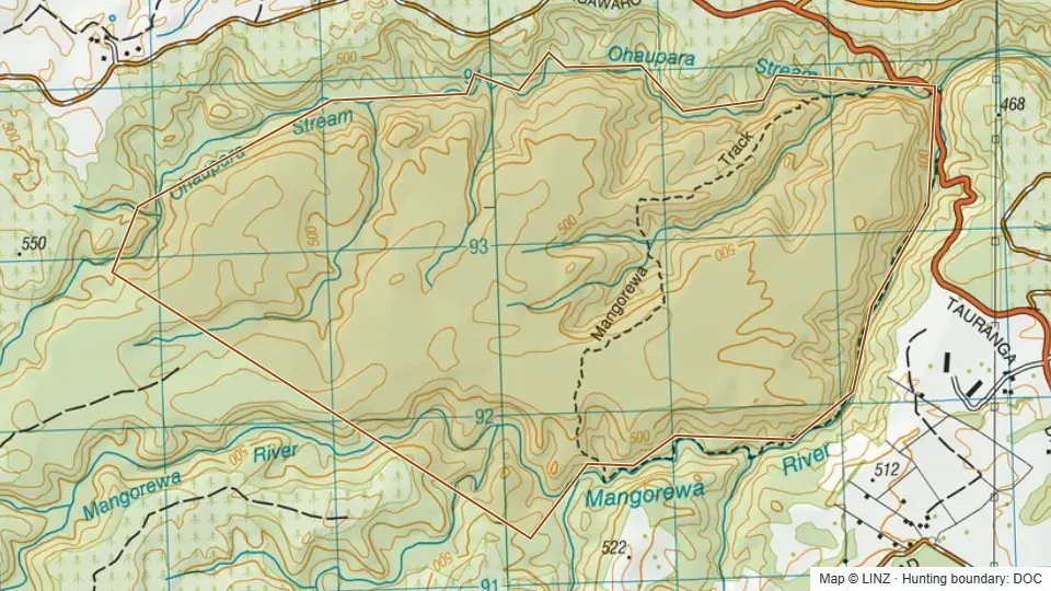 Topographic map of Conservation Area - Mangorewa in Bay of Plenty, New Zealand, with the DOC hunting boundary outlined.