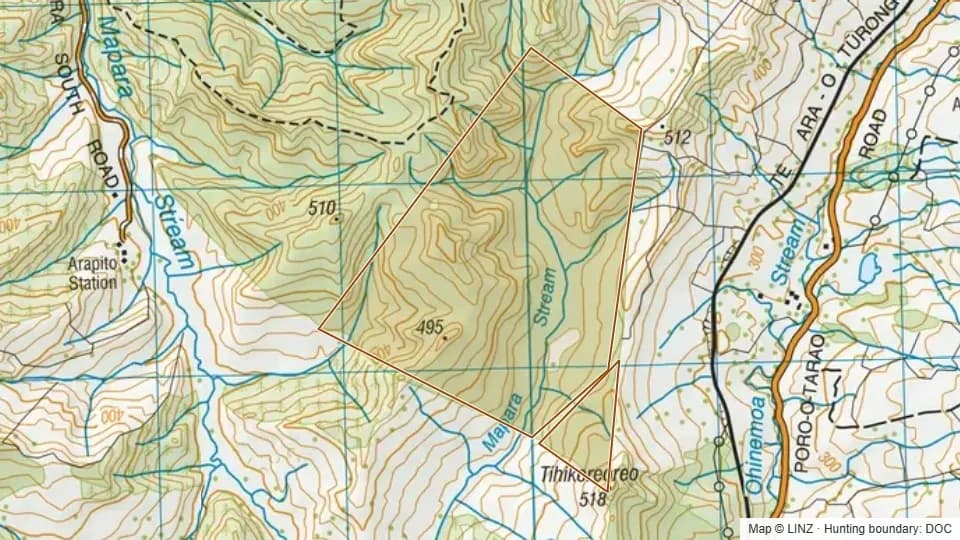 Topographic map of Conservation Area - Mapara in Waikato, New Zealand, with the DOC hunting boundary outlined.