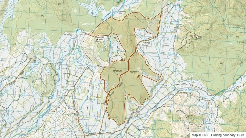 Topographic map of Conservation Area - Margin Forest in Southland, New Zealand, with the DOC hunting boundary outlined.