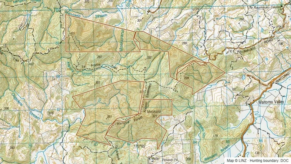 Topographic map of Conservation Area - Matakana in Waikato, New Zealand, with the DOC hunting boundary outlined.