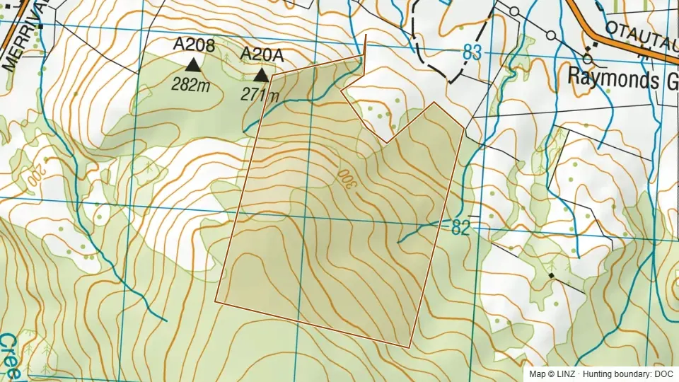 Topographic map of Conservation Area - Merrivale in Southland, New Zealand, with the DOC hunting boundary outlined.