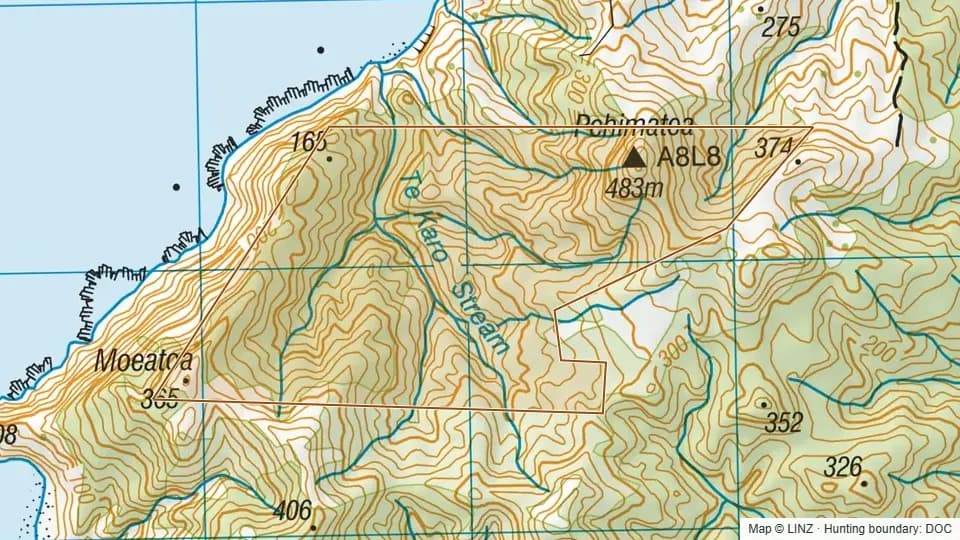 Topographic map of Conservation Area - Moeatoa in Waikato, New Zealand, with the DOC hunting boundary outlined.