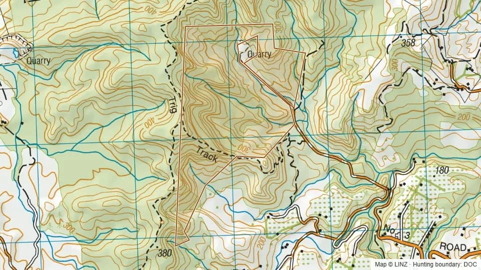 Topographic map of Conservation Area - No 3 Rd in Bay of Plenty, New Zealand, with the DOC hunting boundary outlined.