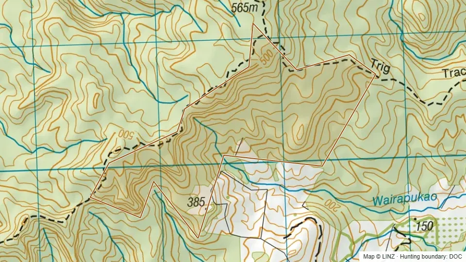 Topographic map of Conservation Area - No 4 Rd in Bay of Plenty, New Zealand, with the DOC hunting boundary outlined.