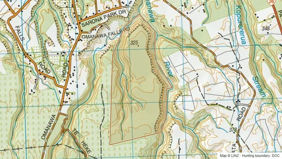 Topographic map of Conservation Area - Omanawa River in Bay of Plenty, New Zealand, with the DOC hunting boundary outlined.
