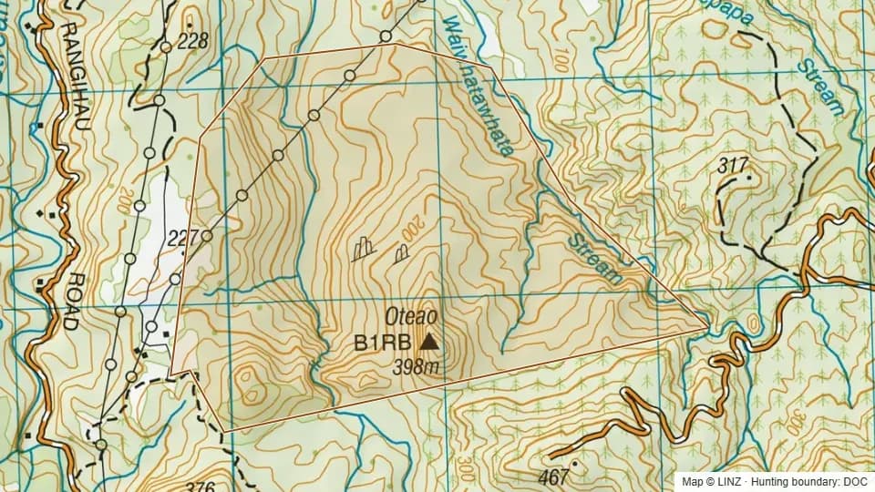 Topographic map of Conservation Area - Oteao Stream in Waikato, New Zealand, with the DOC hunting boundary outlined.