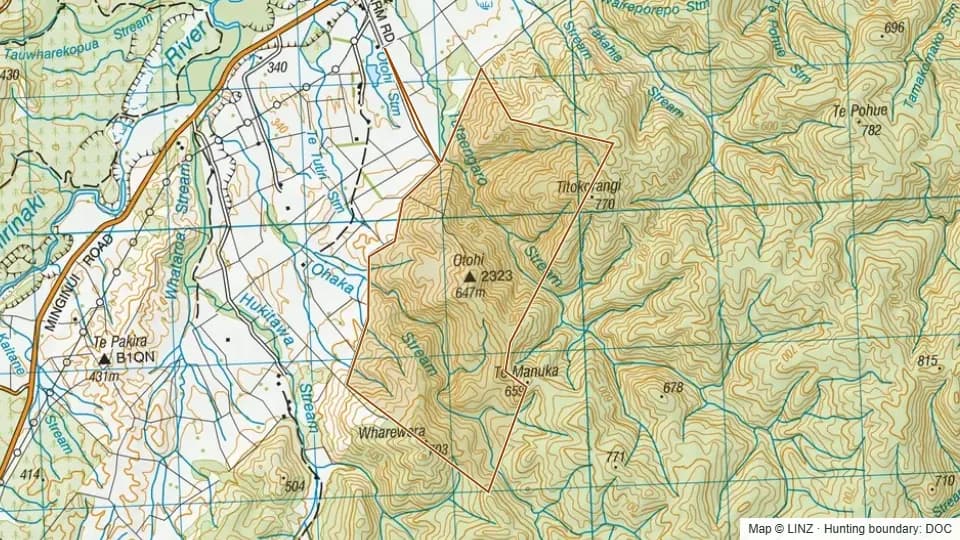 Topographic map of Conservation Area - Otohi in Bay of Plenty, New Zealand, with the DOC hunting boundary outlined.