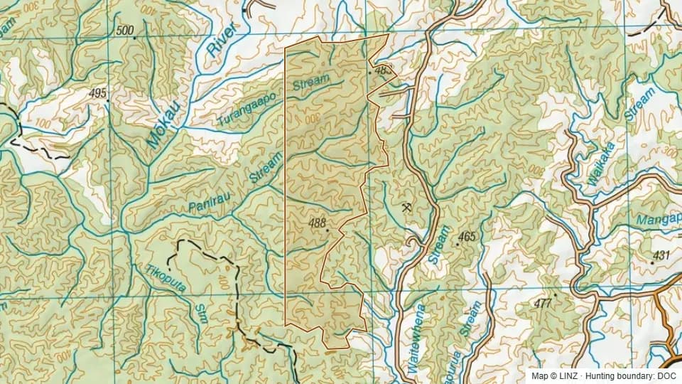 Topographic map of Conservation Area - Panirau in Waikato, New Zealand, with the DOC hunting boundary outlined.