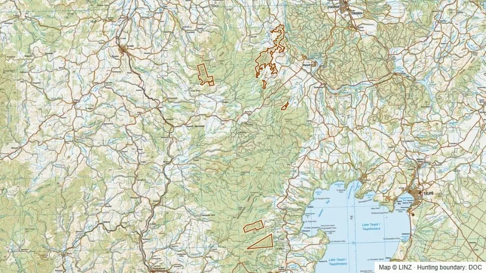 Topographic map of Conservation Area - Pureora in Waikato, New Zealand, with the DOC hunting boundary outlined.
