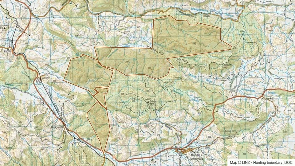 Topographic map of Conservation Area - Raepahu in Waikato, New Zealand, with the DOC hunting boundary outlined.