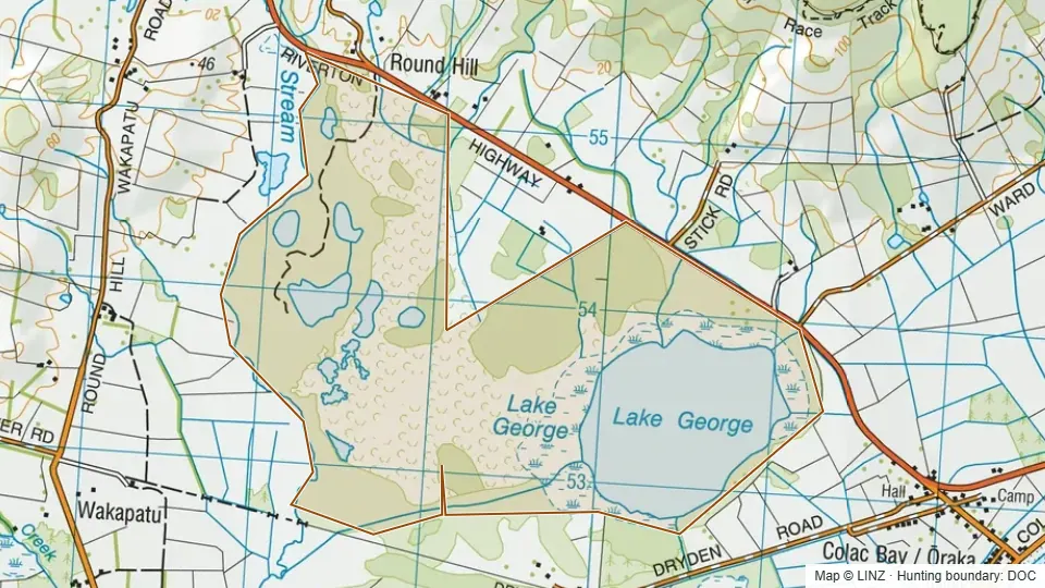 Topographic map of Conservation Area - South Round Hill, Lake George in Southland, New Zealand, with the DOC hunting boundary outlined.