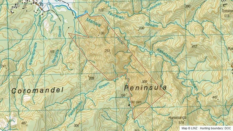 Topographic map of Conservation Area - Stock Block in Waikato, New Zealand, with the DOC hunting boundary outlined.