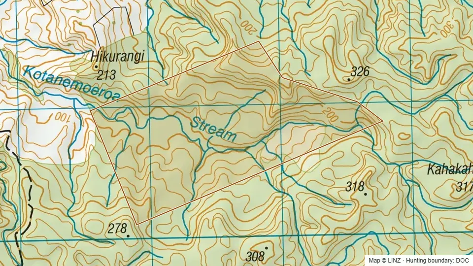 Topographic map of Conservation Area - Taumatatotara north in Waikato, New Zealand, with the DOC hunting boundary outlined.