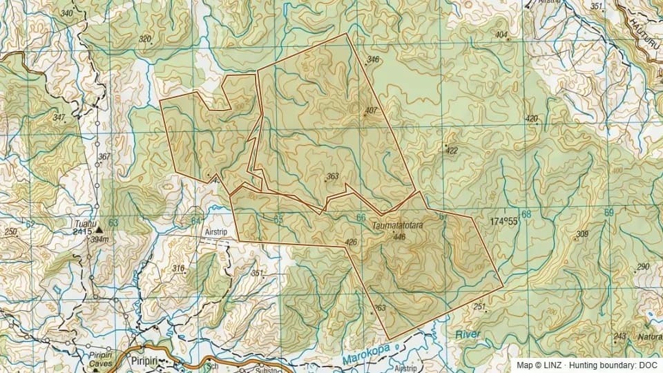 Topographic map of Conservation Area - Taumatatotara west in Waikato, New Zealand, with the DOC hunting boundary outlined.