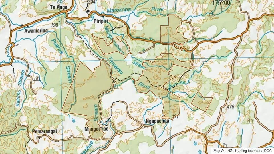 Topographic map of Conservation Area - Tawarau in Waikato, New Zealand, with the DOC hunting boundary outlined.