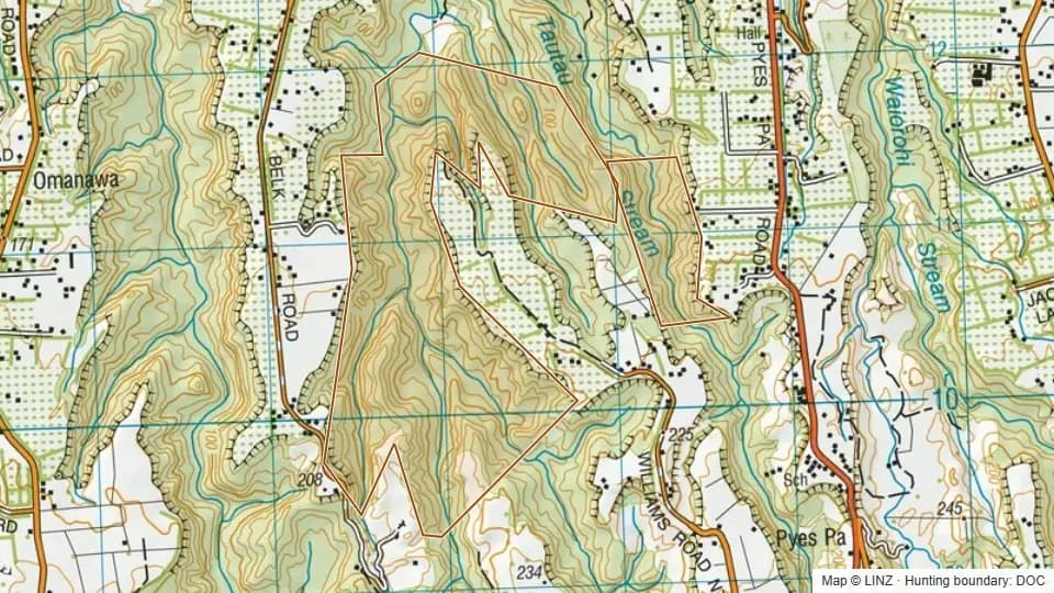 Topographic map of Conservation Area - Te Papa in Bay of Plenty, New Zealand, with the DOC hunting boundary outlined.