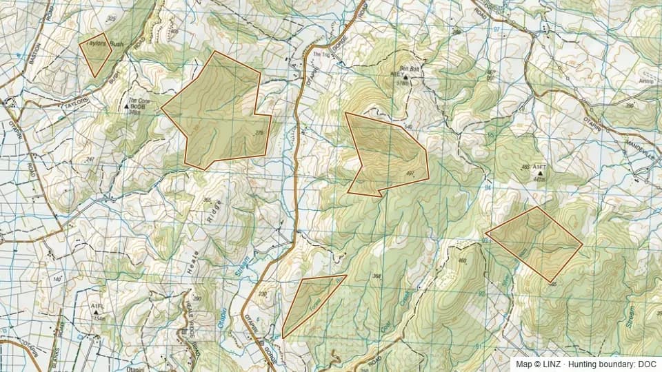 Topographic map of Conservation Area - The Cone Forest in Southland, New Zealand, with the DOC hunting boundary outlined.