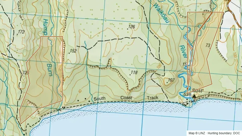 Topographic map of Conservation Area - Waikoau Forest in Southland, New Zealand, with the DOC hunting boundary outlined.