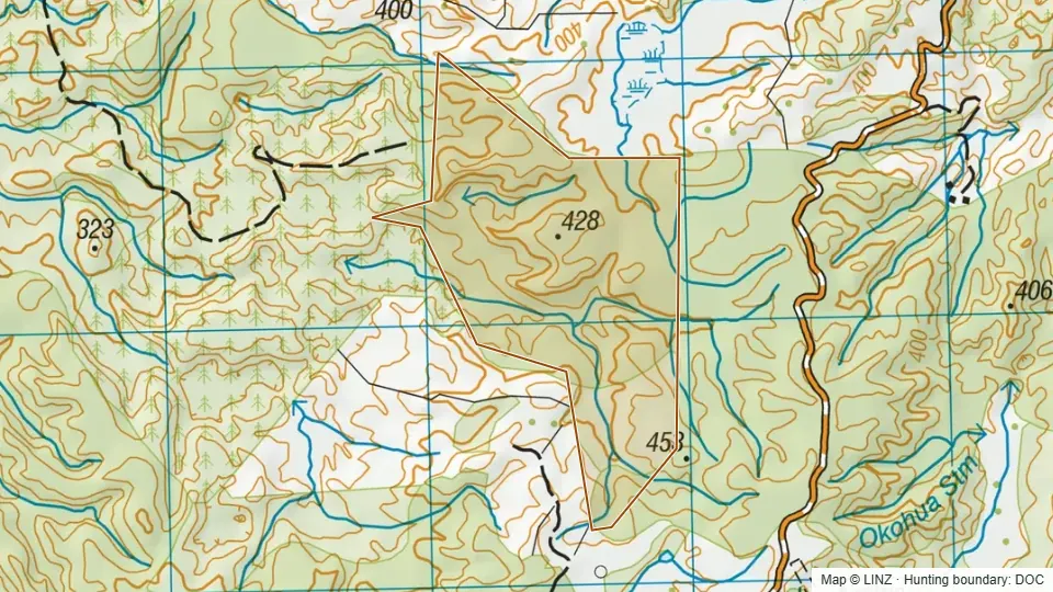 Topographic map of Conservation Area - Waipuna in Waikato, New Zealand, with the DOC hunting boundary outlined.