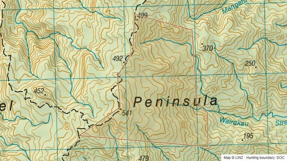 Topographic map of Conservation Area - Wairakau Stream in Waikato, New Zealand, with the DOC hunting boundary outlined.