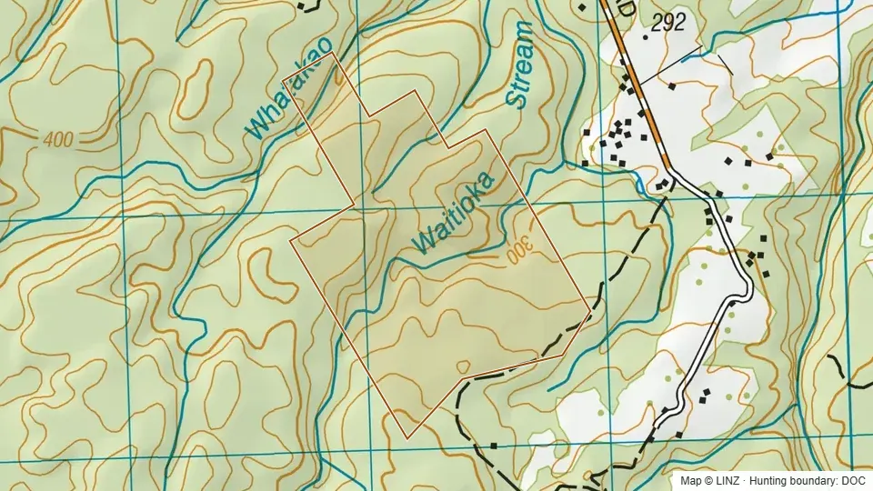 Topographic map of Conservation Area - Waitioka Stream in Bay of Plenty, New Zealand, with the DOC hunting boundary outlined.
