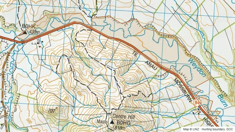 Topographic map of Conservation Area - Weydon Burn in Southland, New Zealand, with the DOC hunting boundary outlined.