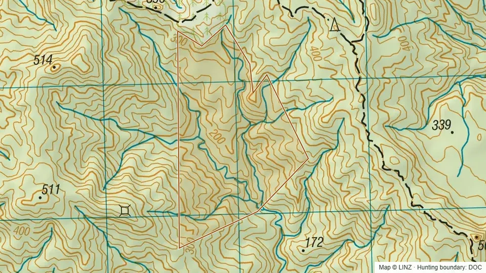 Topographic map of Conservation Area - Whangapoua Forest (outlier) in Waikato, New Zealand, with the DOC hunting boundary outlined.
