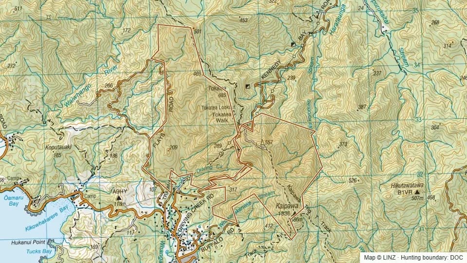 Topographic map of Conservation Area - Whangapoua Forest (Tokatea) in Waikato, New Zealand, with the DOC hunting boundary outlined.