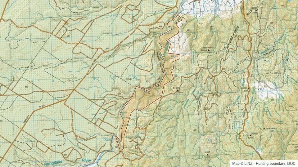 Topographic map of Conservation Area - Whirinaki in Bay of Plenty, New Zealand, with the DOC hunting boundary outlined.