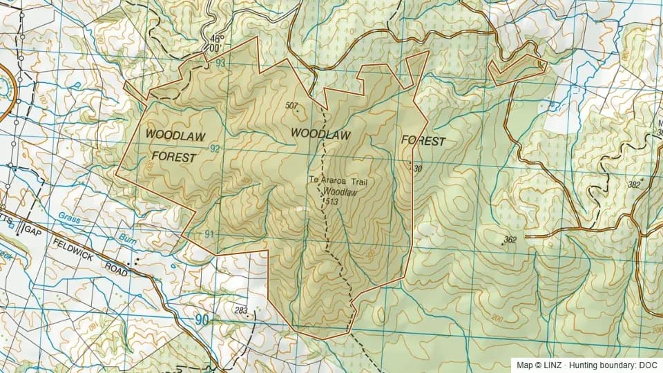Topographic map of Conservation Area - Woodlaw Forest in Southland, New Zealand, with the DOC hunting boundary outlined.