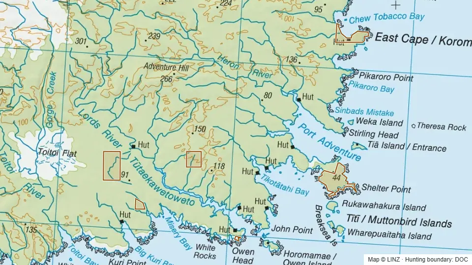 Topographic map of Conservation Areas within Rakiura Maori Land Trust Hunting Blocks in Southland, New Zealand, with the DOC hunting boundary outlined.