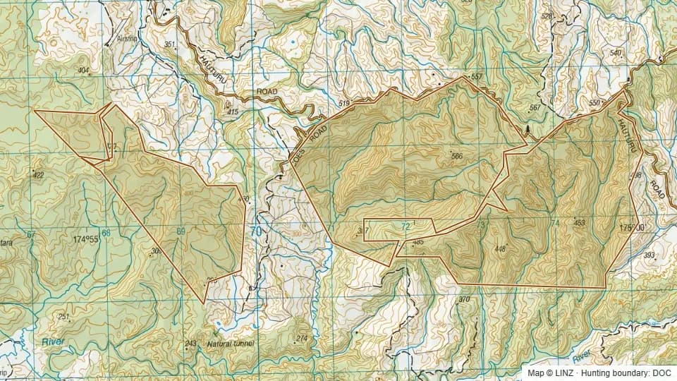Topographic map of Conservation Unit - Taumatatotara east in Waikato, New Zealand, with the DOC hunting boundary outlined.